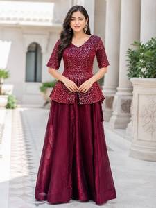 Conjunto de Lehenga de Diseñador para Mujer, Azul y Marrón, Bordado, para Fiesta, Estilo Fusion - Product Image 4