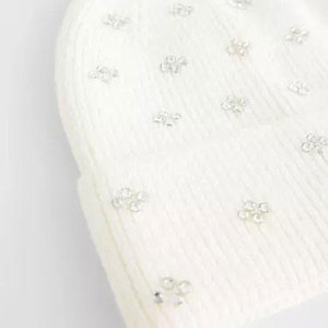 White Rhinestone Beanie Hat Unisex Knit <b>Winter</b> <b>Cap</b> Elegant Solid Color Casual Style >62CM Wool Blend VIENNA INDUSTRY Adults - Product Image 5