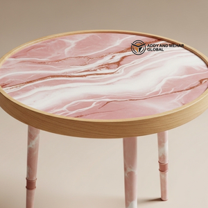 Pink Marble Design Round Wooden <b>Stool</b> – Handcrafted Modern Decorative Accent <b>Stool</b> - Product Image 4