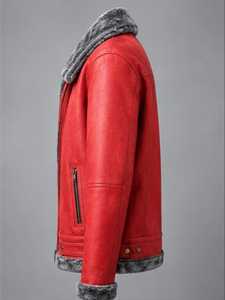 Champ <b>King</b> Men's Red Leather Jacket With Faux Fur Lining Stand Collar Zipper Closure Moto Biker Style Winter Thick <b>Coat</b> - Product Image 3