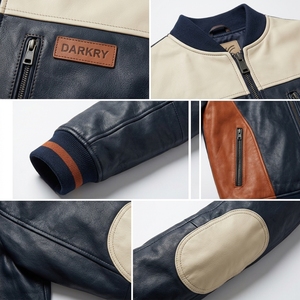 Chaqueta Bomber de Cuero Genuino Azul Marino para Hombre con Parche en el Codo y Ribete de Punto, Fabricación Personalizada OEM ODM, Pedidos al por Mayor - Product Image 6
