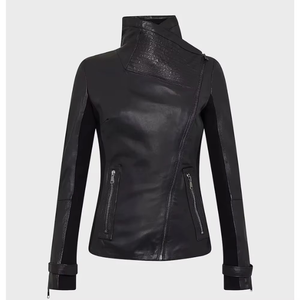 Women PU Leather Asymmetric Motorcycle Jacket Stand Collar Full Sleeve Zipper Closure Solid Color Autumn Wear - Product Image 1