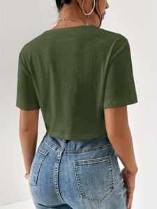 Women's Olive Green <b>Crop</b> <b>Top</b> Short <b>Sleeve</b> Crew Neck Knitted Asymmetric Casual T-Shirt Slim Fit Spring Summer Style - Product Image 5