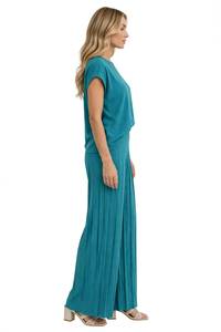 Women's 2 Piece <b>Long</b> Set Solid Teal O Neck Short Sleeve Top <b>Pleated</b> Wide Leg Pants - Product Image 2
