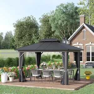 Gazebo 10x12 piedi con Tetto Rigido in Alluminio e Tende Grigie, Rete Inclusa, per Giardino e Patio - Pergola in Legno Rivestito - Product Image 2