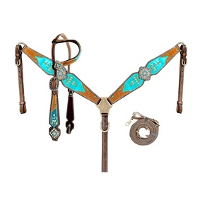 100% cuero genuino occidental de una sola oreja Headstall y conjunto de cuello de pecho con riendas a juego al por mayor fabricante proveedor - Product Image 4