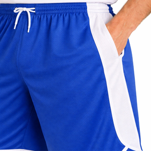 Shorts de sport pour homme, bleu et blanc, à rayures latérales, séchage rapide, taille mi-haute, cordon de serrage, longueur Bermuda, 100 % polyester, maille tricotée - Product Image 5