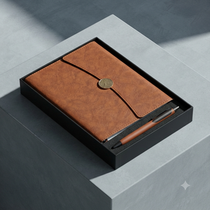 Ensemble cadeau de carnet de notes exécutif Aurelux Premium en PU marron avec fermeture à bouton en laiton, boîte à stylo assortie et accessoires de bureau - Product Image 5