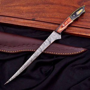 Damascus Steel Fillet Knife with Leather Sheath Handmade Forged High Hardness Extra Sharp Durable <b>Kitchen</b> Knife - Product Image 1