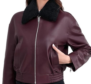 Chaqueta Bomber de Cuero Genuino para Mujer con Ribete de Piel, Cierre de Cremallera, Color Sólido, Estilo Invernal, Manga Larga - Product Image 1