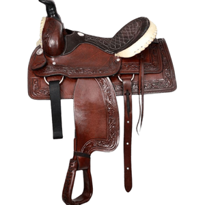 Selle de cheval western en cuir marron artisanal de qualité supérieure, sculptée, équipement d'équitation confortable avec siège rembourré, durable pour ranch et sentiers - Product Image 2