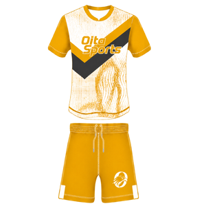 Conjunto de Uniforme de Rugby de Manga Corta Amarillo, Blanco y Negro, Jersey de Rugby con Cuello Redondo y Estampado Gráfico, Pantalones Cortos con Cordón, Ropa Deportiva para Equipo - Product Image 1