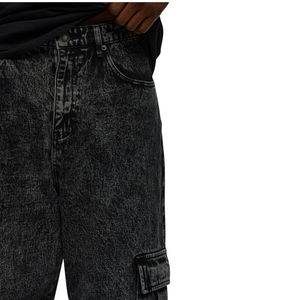 Jean cargo en denim noir délavé pour homme, coupe droite décontractée, multi-poches, style utilitaire, streetwear vintage, décontracté, 100% coton, boutonné - Product Image 3