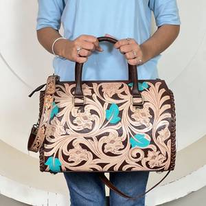 New Fashionable Hand <b>Tooled</b> Floral Brown <b>Leather</b> Large Duffel Bags Turquoise Leaf Designer Travel Luggage Crossbody Handbags - Product Image 4