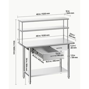 Mesa de Trabajo Comercial de Acero Inoxidable de 24x48 Pulgadas con Estantes Superiores y 2 Cajones, Estación de Trabajo de Cocina Ajustable - Product Image 3