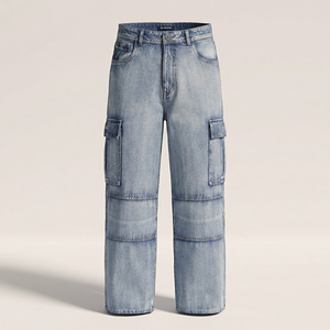 Pantalon cargo en denim décontracté pour homme, coupe droite, 77% coton, 22% Tencel Lyocell, 1% élasthanne, écologique, lavage enzymatique, extensible, plissé - Product Image 1