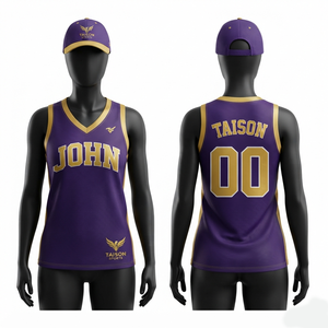 เสื้อดอดจ์บอลผ้าโพลีเอสเตอร์ตาข่ายพรีเมียม 150 GSM สีม่วงทอง แถบข้างสีทอง โลโก้สั่งทำพิเศษแบบรีดร้อน - Product Image 1
