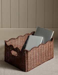Panier de rangement en rotin brun foncé avec bord festonné, organisateur rectangulaire tissé pour le linge, les couvertures et les articles ménagers - Product Image 3