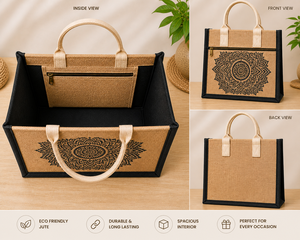 Bolsa de yute laminada personalizada con estampado de mandala, ecológica, reutilizable, con bolsillo con cremallera y asa de algodón, al por mayor. - Product Image 2