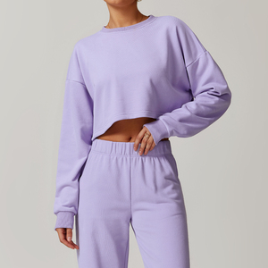 Sweat-shirt court noir à col rond pour femme, manches longues, tricoté, couleur unie, coupe oversize, idéal pour l'automne, 100 % coton - Product Image 5