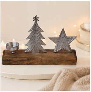 Handmade Silver Aluminum Christmas Tree And Star <b>Tea</b> <b>Light</b> Candle Holder On Mango Wood Base Festive Holiday Table Centerpiece - Product Image 2