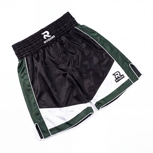 Shorts de Muay Thai pour hommes RYDOM, noir, vert, blanc, couleurs contrastées, satin, séchage rapide, respirant, logo avant, taille élastique - Product Image 1