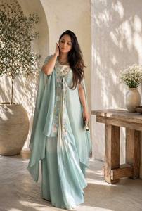 Embroidered Indo Western Lehenga Set Floral <b>Crop</b> <b>Top</b> Net Dupatta Skirt Party Wedding Outfit - Product Image 5
