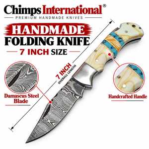 Cuchillo de bolsillo plegable de acero de Damasco Chimps International con hoja de punta caída y mango de resina |   Cuchillos plegables hechos a mano con cierre trasero - Product Image 6