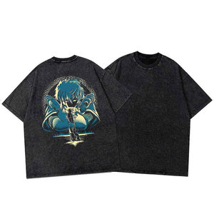 T-shirt noir surdimensionné pour homme avec imprimé de personnage d'anime, col rond, manches courtes, style streetwear, tissu en jersey de coton - Product Image 2