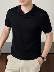 Camiseta de Manga Corta para Hombre, Negra, Corte Clásico, Tejido de Viscosa/Algodón, Secado Rápido, Estilo Old Money, Casual, Transpirable, Corte Regular - Product Image 5