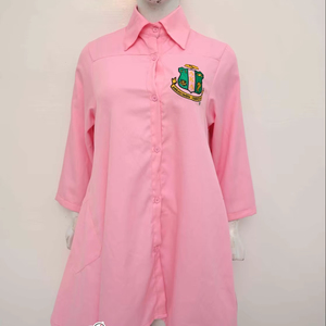   ชุดเดรสยาวสีเขียวชมพูผ้าฝ้ายทรงหลวมสบายๆ สำหรับผู้หญิง ตกแต่งด้วยกระดุมปักลาย  แบบสั่งทำพิเศษสำหรับฤดูใบไม้ร่วง - Product Image 1
