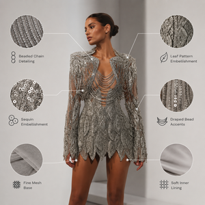 Robe moulante courte en perles argentées de luxe |   Robe de cocktail de créateur à col en V profond et manches longues |   Vêtements pour femmes ornés de cristaux - Product Image 5