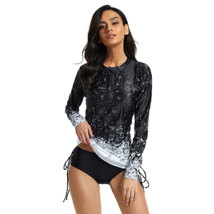 2026 Best Quality Women's Long Sleeve Rash Guard <b>Black</b> White Print Anti-Uv Spandex Polyester Swim <b>Top</b> For Fitness Swimming - Product Image 5