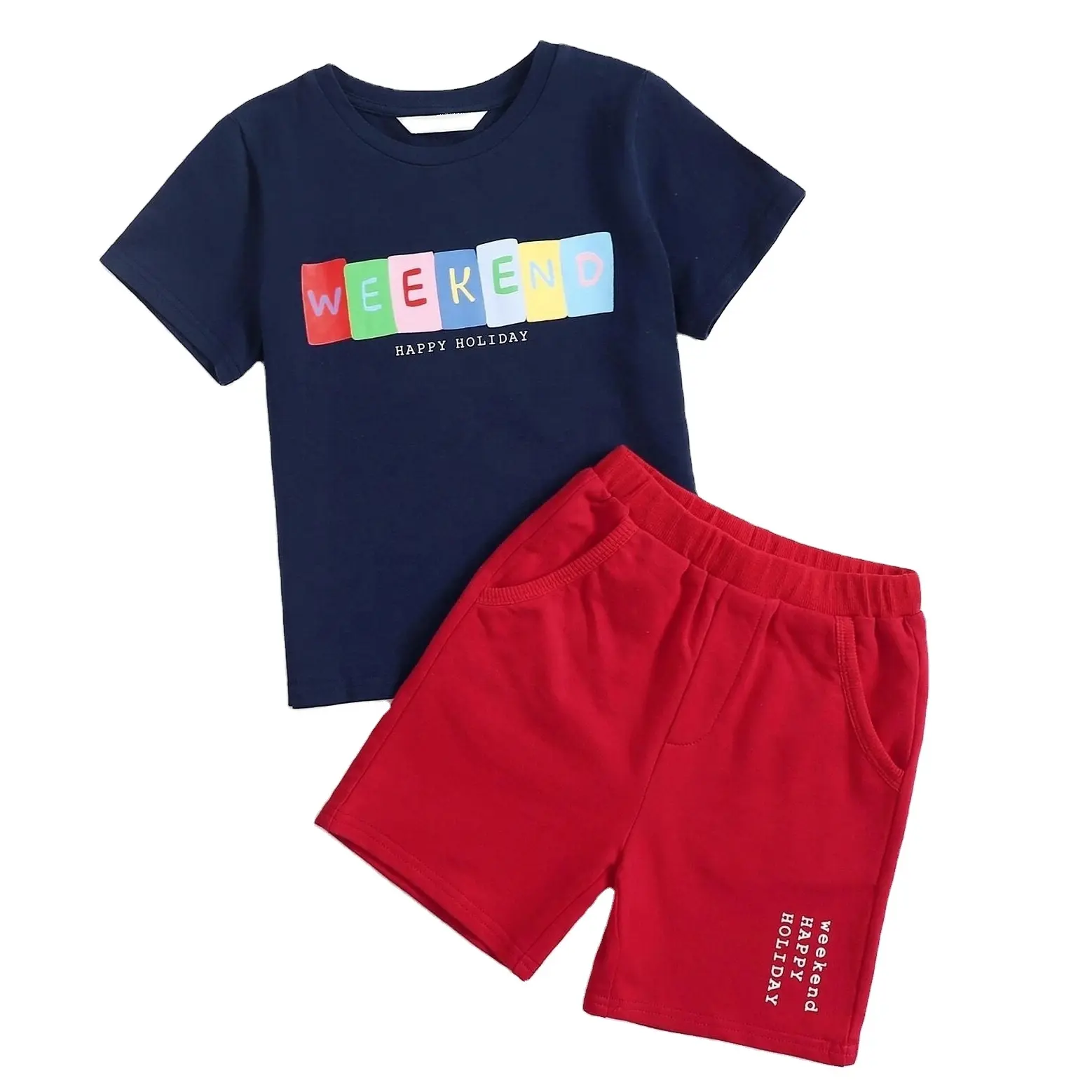 बच्चों के दो टुकड़े कपड़े सेट बच्चों के कपड़े कस्टम मुद्रित नवीनतम डिजाइन बच्चा लड़का कपड़े गर्मियों में पहनने शिशु कपड़े