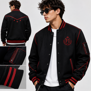 Custom Varsity Jacket Letterman Bomber Jacket Black <b>Red</b> Embroidered Baseball Streetwear Jacket Wholesale Men's Varsity Jacket - Product Image 3