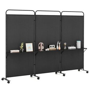 Cloison de bureau pliante à 3 panneaux avec roulettes verrouillables et 3 étagères métalliques noires - Product Image 1