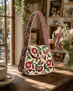Petit sac à bandoulière en coton matelassé imprimé à la main, sac à rabat floral avec longue anse, 12x10 pouces - Product Image 5