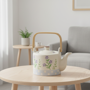 Théière en grès céramique de style nordique de qualité supérieure 3460937-0.65 avec couvercle à poignée en bois et motif floral estampé, capacité 650 ml - Product Image 2