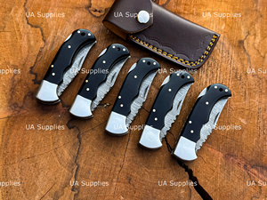 UA Supplies Handmade Damascus Steel Hunting Folding Knife Wood Handle Clip Point Blade Slide Open Mechanism Razor Sharp OEM - Product Image 2