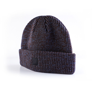 Bonnet d'hiver confortable en tricot côtelé mélange marron et bleu, extensible, avec patch logo carré en cuir pour un style quotidien - Product Image 1