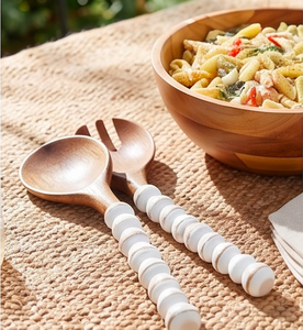 Ensemble de cuillères à salade en bois avec manches perlées blanches, design nordique, couverts en bois naturel pour la restauration, le camping et l'hôtellerie - Product Image 3