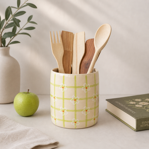 Porte-ustensiles en céramique peint à la main, motif floral à carreaux, finition brillante, durable, résistant à la chaleur, organiseur de comptoir de cuisine - Product Image 1