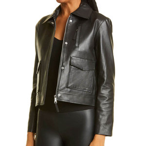 Blouson de motard en cuir véritable pour femme, col rabattu, fermeture éclair, manches longues, coupe courte, vêtement d'extérieur pour moto - Product Image 5
