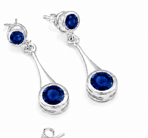 Blue Sapphire Sterling <b>Silver</b> <b>Stud</b> Drop <b>Earrings</b>, Round Blue Sapphire 925 <b>Silver</b> Dangle <b>Earrings</b>, September Birthstone Gift for - Product Image 2