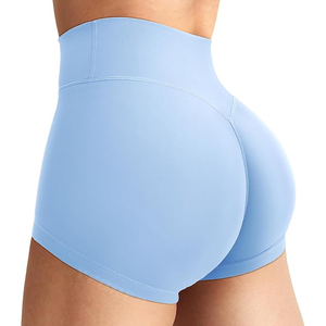Shorts de yoga sans coutures bleu clair pour femmes, taille haute, effet push-up, compression, écoresponsables, en Spandex/Nylon extensible dans les quatre sens - Product Image 3