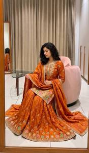 Ensemble Salwar en soie brodée orange avec dupatta, longueur au sol, tenue traditionnelle indienne et pakistanaise pour femmes, robe de mariage - Product Image 2