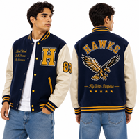 Blouson universitaire personnalisé pour homme, style Letterman, bleu marine, avec logo brodé des Hawks sur le devant et les patchs arrière, coupe-vent et séchage rapide