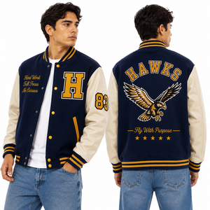 Chaqueta Universitaria Personalizada Azul Marino Crema Estilo Letterman con Logotipo Bordado de los Hawks, Parches Delanteros y Traseros, Ropa Deportiva al por Mayor, Ajuste Personalizado - Product Image 2
