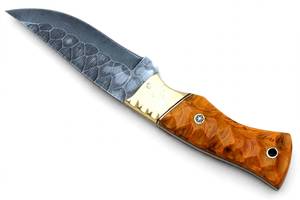 Handcrafted custom <b>profile</b> damascus steel outdoor utility <b>tool</b> with Burl Wood Handle and Polished Gold Brass - Product Image 2