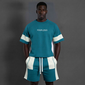 Conjuntos de Shorts de Verano para Hombre, Estilo Urbano, Colorblock, Algodón, Vintage, Lavado Ácido, Conjunto de Shorts y Camiseta, Tallas Grandes - Product Image 1
